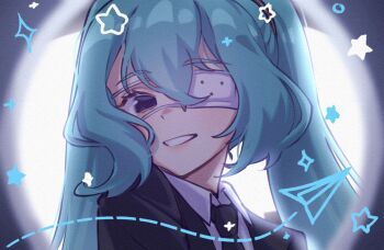 1girl black_jacket black_necktie blue_hair collared_shirt commentary english_commentary eyepatch formal_clothes grey_eyes hair_between_eyes hatsune_miku jacket long_hair looking_at_viewer medical_eyepatch monitoring_(vocaloid) necktie sher_(imnotsher) shirt smile solo star_(symbol) suit twintails upper_body vocaloid white_shirt