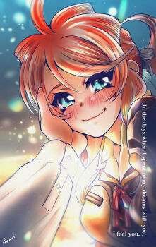 Rule 34 | blue eyes, blush, freckles, gemini sunrise, hair tie, hand on another's cheek, hand on another's face, jacket, kannah, looking at viewer, orange jacket, ponytail, pov, red hair, sakura taisen, sakura taisen v, shirt, sidelocks, smile, taiga shinjirou, white sleeves, yellow shirt