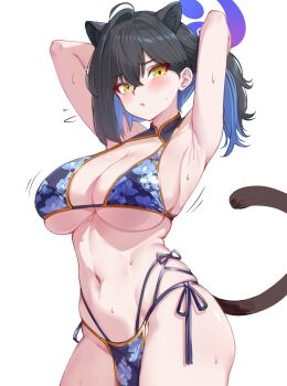 1girl absurdres animal_ear_fluff animal_ears ankomochi142 armpits arms_behind_head bikini black_hair blue_archive blue_bikini blue_hair blue_halo blush breasts cleavage colored_inner_hair commentary_request extra_ears floral_print floral_print_bikini hair_between_eyes halo highres kaguya_(blue_archive) large_breasts looking_at_viewer multicolored_hair open_mouth panther_ears panther_girl panther_tail pelvic_curtain ponytail print_bikini solo sweat swimsuit tail two-tone_hair yellow_eyes