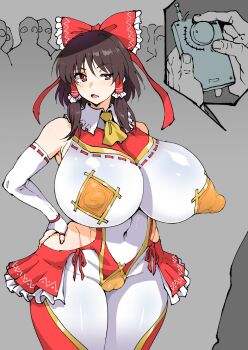 1girl ascot bare_shoulders bodysuit bow breasts brown_hair cameltoe controller elbow_gloves fingerless_gloves frills gloves hair_bow hair_tubes hakurei_reimu hand_on_own_hip henriiku_(ahemaru) highres huge_breasts navel open_mouth red_eyes remote_control ribbon see-through_clothes skin_tight touhou wide_hips