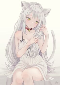 Rule 34 | 1girl, animal ear fluff, animal ears, bare shoulders, bell, breasts, cat ears, cat girl, cat tail, chemise, collar, commentary request, grey hair, holding, holding own hair, large breasts, light frown, long hair, looking to the side, neck bell, original, red collar, sitting, spaghetti strap, tail, white chemise, yu na 8282