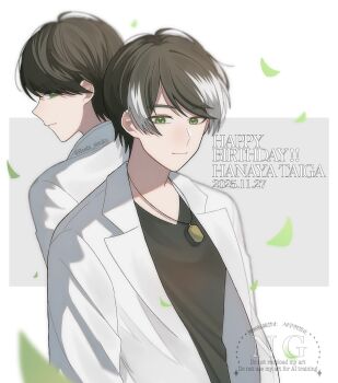 Rule 34 | 1boy, animification, black hair, black shirt, character name, closed mouth, coat, commentary request, dated, dog tags, green eyes, grey background, hanaya taiga, happy birthday, highres, hoshi no shizuku, kamen rider, kamen rider ex-aid (series), lab coat, lapels, layered clothes, leaf, male focus, multicolored hair, notched lapels, shirt, short hair, smile, twitter username, two-tone background, two-tone hair, upper body, v-neck, watermark, white background, white coat, white hair