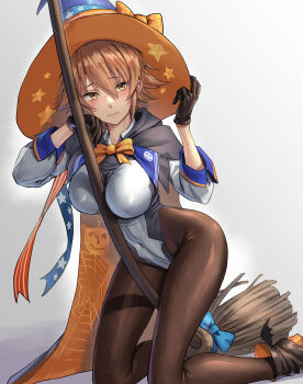 1girl ankle_boots black_boots black_gloves black_leotard black_pantyhose blue_hat boots breasts broom brown_eyes brown_hair cape closed_mouth gloves grey_leotard halloween_costume hand_on_headwear hat highleg highleg_leotard highres kantai_collection kneeling kokuzou large_breasts leotard light_smile looking_at_viewer multicolored_leotard official_alternate_costume orange_hat pantyhose richard_p._leary_(halloween)_(kancolle) richard_p._leary_(kancolle) short_hair simple_background sleeved_leotard solo two-sided_fabric two-sided_headwear two-tone_leotard witch_hat