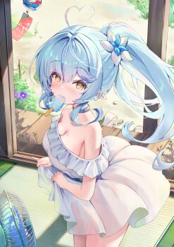 1girl @_@ ahoge aqua_hair bare_shoulders breasts cleavage clothes_lift collarbone commentary_request dress flower food food_in_mouth hair_between_eyes hair_flower hair_ornament heart heart_ahoge highres hololive holonatsu_paradise lifting_own_clothes long_hair looking_at_viewer melting_popsicle minttea pointy_ears ponytail popsicle popsicle_in_mouth sandals solo virtual_youtuber white_dress white_sandals yellow_eyes yukihana_lamy