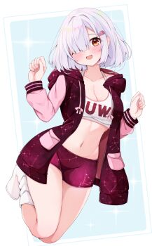 1girl ;d absurdres blue_background blunt_bangs blush bob_cut boots borrowed_character breasts cleavage clenched_hands collarbone commission constellation_print fang full_body hair_over_one_eye hands_up happy highres hood hood_down hoodie knees_up long_sleeves looking_at_viewer midair navel one_eye_closed open_clothes open_hoodie open_mouth orange_eyes original pink_sleeves print_hoodie print_shorts rururiaru second-party_source short_shorts shorts side_part skeb_commission skin_fang sleeveless sleeveless_hoodie small_breasts smile solo sports_bra stomach white_background white_boots white_hair white_sports_bra