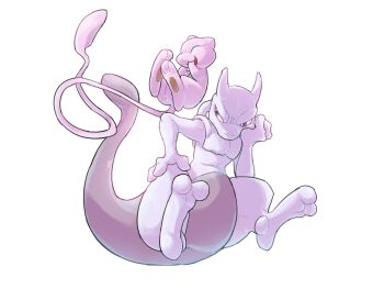 Rule 34 | animal ears, cat ears, cat tail, closed eyes, full body, gen 1 pokemon, giggling, highres, legendary pokemon, mew (pokemon), mewtwo, mythical pokemon, nintendo, pokemon, pokemon (creature), pokemon focus, purple eyes, simple background, tail, trresleches, white background