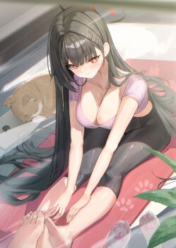 1girl absurdres barefoot black_hair black_pants blue_archive breasts cat cleavage commentary feet hair_ornament hairclip halo hcommentary highres large_breasts long_hair mirror pants pink_shirt red_eyes rio_(blue_archive) shirt smile toenails toes very_long_hair wakum yoga yoga_mat yoga_pants