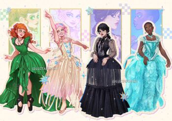 4girls agnes_demille alternate_costume artist_name bald bald_female bianca_barclay black_dress black_eyes black_hair black_nails black_shoes blue_dress blue_eyes blue_eyeshadow boots brown_dress butterfly_hair_ornament commentary dark-skinned_female dark_skin dress english_commentary enid_sinclair eyeshadow freckles green_dress green_eyes hair_ornament high_heel_boots high_heels long_dress long_hair looking_at_viewer luztapiaart makeup multiple_girls multiple_views orange_hair pink_hair see-through_clothes shoes short_sleeves the_addams_family tiptoes very_dark_skin watermark wednesday_(netflix) wednesday_addams