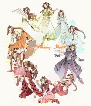 Rule 34 | adapted costume, aerith gainsborough, aerith gainsborough (bahamut robe), aerith gainsborough (citric dress), aerith gainsborough (fairy of snowfall), aerith gainsborough (garnet's gown), aerith gainsborough (pink mermaid), aerith gainsborough (red dress), boots, braid, braided ponytail, brown hair, cloak, coat, commentary request, cosplay, crisis core: final fantasy vii, cropped jacket, dress, final fantasy, final fantasy ix, final fantasy vii, final fantasy vii: ever crisis, final fantasy vii rebirth, final fantasy vii remake, flower, fur coat, fur hat, garnet til alexandros xvii, garnet til alexandros xvii (cosplay), hat, highres, jacket, jo ro ri, kingdom hearts, kingdom hearts ii, long skirt, looking at viewer, multiple persona, official alternate hairstyle, pink dress, red dress, red jacket, sandals, see-through clothes, see-through skirt, short shorts, shorts, skirt, sleeveless, sleeveless dress, smile, wavy hair, white coat, white dress