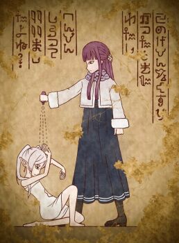2girls blunt_bangs egyptian_art elf expressionless faux_egyptian fern_(sousou_no_frieren) frieren from_side kita_(7kita) long_hair multiple_girls naked_towel pointy_ears potion purple_hair sousou_no_frieren towel twintails white_hair
