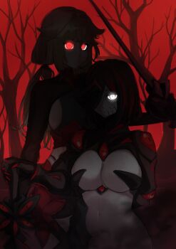 2girls absurdres black_hair blonde_hair breasts cursed_sword_(monster_girl_encyclopedia) dark_demon_realm_(monster_girl_encyclopedia) dead_tree demon_realm_(monster_girl_encyclopedia) dhampir dhampir_(monster_girl_encyclopedia) forest glowing glowing_eyes grey_eyes half-undead highres li0nri0n medium_breasts mixed_race mixed_species monster_girl monster_girl_encyclopedia monster_girl_encyclopedia_ii multicolored_hair multiple_girls nature pale_skin ponytail rapier red_eyes red_hair red_sky revealing_clothes shadow short_hair shorts sideboob silhouette sky smoke streaked_hair sword tree two-tone_hair undead vampire veins weapon