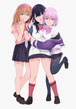 3girls a_(c3einycggcevevf) absurdres black_hair black_shirt black_skirt blue_eyes bow bowtie breasts brown_hair collared_shirt commentary full_body green_eyes gridman_universe gridman_universe_(movie) highres holding_hands jacket large_breasts long_hair minami_yume multiple_girls necktie pink_shirt purple_bow purple_bowtie purple_hair purple_jacket red_bow red_bowtie red_eyes school_uniform shinjou_akane shirt short_hair simple_background skirt ssss.dynazenon ssss.gridman sweater_vest takarada_rikka two-tone_necktie white_background white_shirt white_sweater_vest