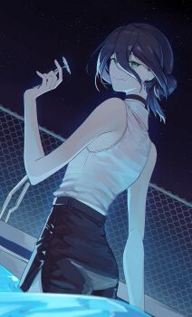 1girl absurdres black_choker black_hair black_shorts chain-link_fence chainsaw_man choker closed_mouth deflagration_0_(ash) fence flower green_eyes hair_between_eyes hair_bun highres holding holding_flower night outdoors pool reze_(chainsaw_man) shirt shorts sleeveless sleeveless_shirt solo wading white_flower white_shirt
