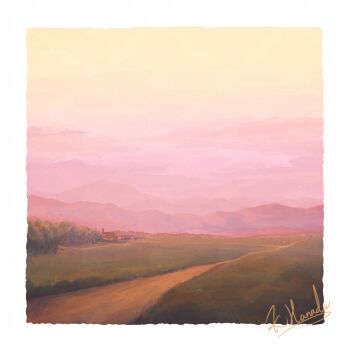 alu.m_(alpcmas) commentary_request grass highres house mountain no_humans original outdoors path road rural scenery signature sky yellow_sky