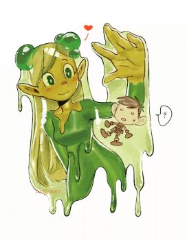 1boy 1girl aatom87 blonde_hair breasts brown_gloves brown_hair chibi commentary dress dungeon_meshi gloves green_dress green_eyes hair_behind_ear heart highres long_hair marcille_donato medium_breasts o_o pointy_ears slime_(substance) sweatdrop