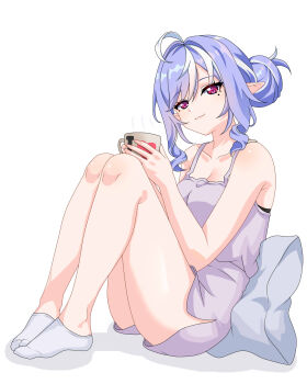 1girl ahoge alternate_costume alternate_hairstyle bare_shoulders breasts closed_mouth commentary cup hair_intakes hair_up highres holding holding_cup knees_up legs looking_at_viewer maxwelzy medium_breasts mole mole_under_eye multicolored_hair pillow pointy_ears purple_hair purple_shirt purple_shorts shirt short_hair shorts sidelocks simple_background sitting smile socks solo streaked_hair thighs vivian_banshee white_background white_socks zenless_zone_zero