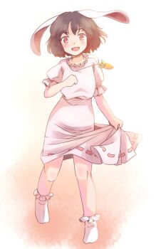 1girl :d animal_ears black_hair blush carrot_necklace commentary_request dress floppy_ears full_body hand_up inaba_tewi jewelry knees necklace open_mouth orange_background orange_eyes pink_dress puffy_short_sleeves puffy_sleeves rabbit_ears rabbit_girl rangycrow short_hair short_sleeves skirt_hold smile socks solo touhou white_socks