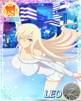 Rule 34 | 1girl, aquarius (symbol), aries (symbol), bare shoulders, blonde hair, blush, breasts, building, cancer (symbol), capricorn (symbol), card (medium), character name, city, city lights, cleavage, collarbone, dodecagram, gemini (symbol), hair between eyes, house, ice, ice skates, ice skating, large breasts, leg up, leo (senran kagura), leo (symbol), libra (symbol), long hair, looking at viewer, low neckline, miniskirt, official art, on ice, one eye closed, pisces (symbol), purple eyes, sagittarius (symbol), school emblem, scorpio (symbol), senran kagura, senran kagura new wave, skates, skating, skating rink, skirt, skyscraper, smile, snow, snowing, solo, sparkle, standing, standing on one leg, sweater, taurus (symbol), very long hair, virgo (symbol), white skirt, white sweater, zodiac wheel