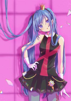 1girl absurdres blue_eyes blue_hair collared_shirt commentary_request crown drop_shadow gloves hair_ornament hand_on_own_hip hatsune_miku highres kimagure_mercy_(vocaloid) long_hair looking_to_the_side mini_crown nagitofuu open_mouth pantyhose pleated_skirt shirt skirt sleeveless sleeveless_shirt solo twintails very_long_hair vocaloid