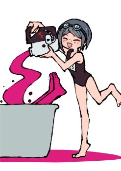 1girl 1other absurdres barefoot bathtub black_one-piece_swimsuit bottle breasts brown_hair closed_eyes commentary_request danganronpa:_trigger_happy_havoc danganronpa_(series) diving_mask freckles goggles highres holding holding_bottle ikusaba_mukuro monokuma one-piece_swimsuit pouring short_hair smile solo_focus swimsuit themed_object youko-shima