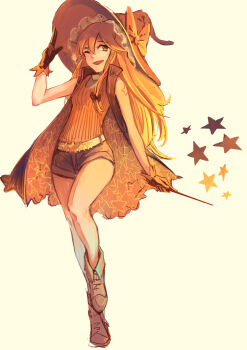 1girl absurdres alternate_costume arm_tattoo bigreen black_gloves black_hat boots bow brown_boots commentary full_body gloves hair_bow hat hat_bow highres holding holding_wand kirisame_marisa leg_up long_hair one_eye_closed open_mouth orange_bow orange_sweater shorts sleeveless sleeveless_sweater smile solo standing standing_on_one_leg star_(symbol) star_tattoo sweater tattoo thighs touhou very_long_hair wand witch_hat
