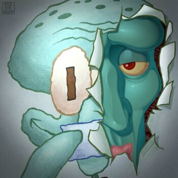Rule 34 | 1boy, aqua skin, artist name, bald, cheekbones, colored sclera, colored skin, cracked kawaii mask, dual persona, handsome squidward (meme), hashtag-only commentary, highres, male focus, meme, one eye covered, pink lips, solo, spongebob squarepants (series), squidward tentacles, torn paper, yellow sclera, yolk too yellow