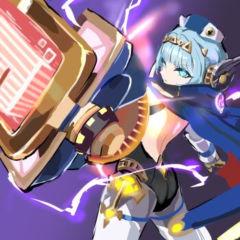 1girl android aqua_hair backless_outfit blue_cape blue_eyes breasts cape closed_mouth collared_shirt commentary_request genshin_impact grow_193 highres ineffa_(genshin_impact) joints long_hair mechanical_arms mechanical_legs medium_breasts robot robot_ears robot_joints shirt solo white_shirt