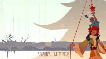 1boy 1girl antlers arm_up artist_request bare_tree bastion belt blue_eyes carrying coat company_connection dark_skin english_text fir_tree hairband highres horns looking_up official_art official_wallpaper piggyback red_(transistor) red_eyes red_hair supergiant_games the_kid_(bastion) transistor_(game) tree white_hair winter_clothes winter_coat