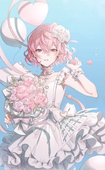 1girl balloon bouquet choker dress flower frilled_choker frilled_dress frilled_wrist_cuffs frills gumi_070 hashtag-only_commentary heart_balloon highres holding holding_bouquet indie_utaite looking_at_viewer nqrse pink_eyes pink_flower pink_hair pink_ribbon pink_rose ribbon rose short_hair sleeveless sleeveless_dress solo utaite white_dress wrist_cuffs