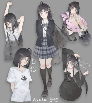 1girl :d ahoge alternate_costume arm_up armpit_crease arms_behind_back arms_up asymmetrical_legwear awa_subaru ayako_(dfl) bag bandaid bandaid_on_knee bandaid_on_leg belt black_bow black_dress black_hair black_jacket black_ribbon black_socks blazer blue_eyes blunt_ends blush bow bowtie breasts buttons character_name closed_mouth collared_shirt cropped_torso dated dress fishnet_thighhighs fishnets footwear_bow frills full_body girls_band_cry grey_background grey_skirt hair_bow hair_ornament hair_ribbon hairclip head_tilt heart heart_print highres hugging_own_legs jacket jirai_kei kneehighs legwear_garter loafers long_hair long_sleeves looking_at_viewer multiple_views one_eye_closed open_clothes open_jacket open_mouth parted_bangs pink_shirt plaid_clothes plaid_skirt pleated_skirt print_shirt ribbon school_uniform shirt shirt_tucked_in shoes short_hair short_sleeves sidelocks simple_background single_kneehigh single_sock single_thighhigh sitting skirt sleeveless sleeveless_dress smile socks standing straight_hair stretching t-shirt teeth thigh_strap thighhighs upper_teeth_only very_long_hair white_bow white_ribbon white_shirt white_socks