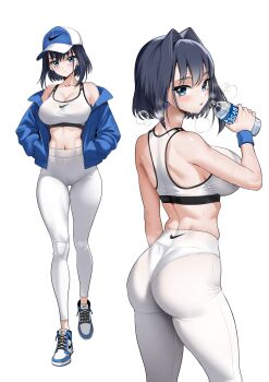 1girl absurdres air_jordan_1 ass baseball_cap black_hair blue_eyes blue_hair blue_jacket bottle bow bow_earrings breasts cleavage colored_inner_hair earrings fanged_bangs full_body hair_intakes hands_in_pockets hat highres holding holding_bottle hololive hololive_english jacket jewelry large_breasts looking_at_viewer midriff multicolored_hair multiple_views navel off_shoulder ouro_kronii panties_visible_through_clothes pants raikkonen shoes short_hair simple_background sneakers sports_bra standing virtual_youtuber water_bottle white_background white_pants white_sports_bra yoga_pants