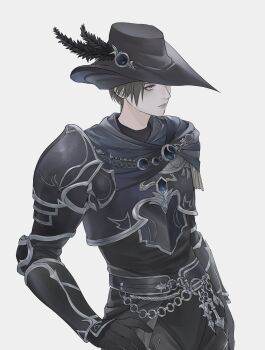 1girl absurdres androgynous armor astraea_010 black_capelet black_gloves black_hair black_hat breastplate capelet cowboy_shot final_fantasy final_fantasy_xiv gloves hand_on_own_hip hat hat_feather highres o-ring one_eye_covered pauldrons reverse_trap short_hair shoulder_armor simple_background single_pauldron solo standing tricorne white_background white_eyes zero_(ff14)