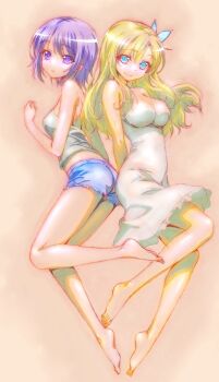 2girls aqua_eyes ass bare_legs bare_shoulders barefoot blonde_hair boku_wa_tomodachi_ga_sukunai breasts butterfly_hair_ornament camisole closed_mouth commentary_request denim denim_shorts dress feet from_side full_body gradient_background hair_ornament highres kashiwazaki_sena large_breasts long_hair looking_at_viewer mikazuki_yozora multiple_girls official_artist_extra orange_background purple_eyes purple_hair short_hair short_shorts shorts sleeveless sleeveless_dress small_breasts soles toes watanabe_yoshihiro white_camisole white_dress