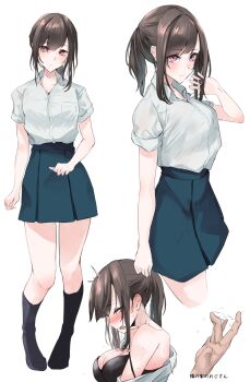 1boy 1girl akiyama_cz4a black_bra black_skirt bra brown_hair closed_mouth collared_shirt full_body highres implied_fingering looking_at_another looking_at_viewer miniskirt multiple_views original pink_eyes pleated_skirt ponytail shirt simple_background skirt underwear white_background white_shirt