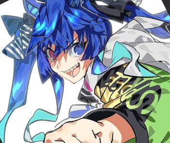 1girl @_@ ahoge animal_ears aqua_hair blue_eyes blue_hair bow clothes_writing commentary_request crossed_bangs enomatsuname from_side hair_bow heterochromia highres hood hoodie horse_ears horse_girl long_hair long_sleeves looking_at_viewer multicolored_hair multicolored_hoodie open_mouth purple_eyes sharp_teeth sidelocks simple_background solo striped_bow teeth twin_turbo_(blast_mode!_turbo_engine)_(umamusume) twin_turbo_(umamusume) twintails two-tone_hair umamusume upper_body v-shaped_eyebrows white_background