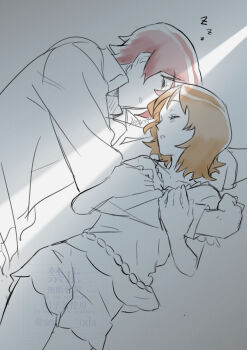 1boy 1girl absurdres blush bob_cut brown_hair closed_eyes couple flirting from_side greyscale hands_on_another's_arm hands_on_another's_head hands_on_another's_shoulders happinesscharge_precure! highres holding holding_another's_arm hug hug_from_behind long_sleeves looking_to_the_side mature_female medium_hair monochrome oomori_yuuko open_mouth parted_bangs partially_colored phantom_(happinesscharge_precure!) precure red_hair short_hair short_sleeves shorts sleeping sleeping_on_person sleeping_together sunlight wasa7subi