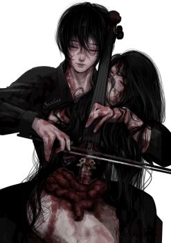 2girls aegyo_sal bandaged_head bandages black_eyes black_hair black_robe bow_(music) guitar guro hand_up highres holding holding_bow_(music) instrument long_hair looking_at_viewer multiple_girls original playing_with_organs robe sacrilaig severed_head