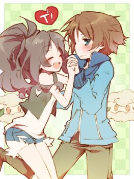 10s 1boy 1girl amamiya_kabosu bad_id bad_pixiv_id blue_eyes blush boots brown_hair closed_eyes cottonee couple gen_5_pokemon happy heart hetero hilbert_(pokemon) hilda_(pokemon) holding_hands interlocked_fingers jacket long_hair nintendo no_headwear pokemon pokemon_(creature) pokemon_bw ponytail shirt shorts sleeveless sleeveless_shirt vest