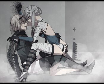 1boy 1girl against_wall anger_vein angry armored_boots backless_outfit bandaged_arm bandaged_leg bandaged_neck bandages black_gloves black_shoes blue_eyes blue_negligee blue_thighhighs boots braid braided_hair_rings brown_eyes clenched_hand commentary_request crack cracked_wall cross-laced_clothes cross-laced_panties eye_contact flower from_side full_body fur-trimmed_shirt fur_trim girl_on_top gloves grey_hair grey_shirt hair_flower hair_ornament hair_rings hand_on_hilt high_heels highres kaine_(nier) leaning_back lingerie long_sleeves looking_at_another medium_hair negligee nier nier_(brother) nier_(brother)_(post_timeskip) nier_(series) open_mouth panties planted planted_sword planted_weapon profile shirt shoes short_hair single_hair_ring sweatdrop sword tamakingx422x thighhighs underwear weapon white_flower white_panties