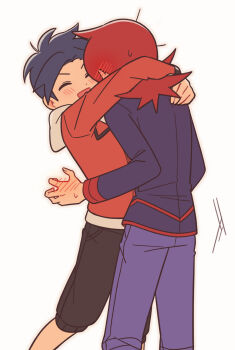 2boys arms_around_neck black_hair black_jacket black_shorts blush chueog curtained_hair dot_nose ear_blush ethan_(pokemon) feet_out_of_frame hand_blush highres hood hood_down hooded_jacket hug jacket long_sleeves male_focus medium_hair multiple_boys nervous_sweating nintendo open_mouth pants pokemon pokemon_hgss purple_pants red_hair red_jacket red_trim shorts silver_(pokemon) simple_background standing sweat white_background yaoi