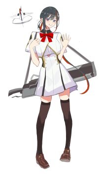 1girl absurdres black_hair blush breasts brown_thighhighs dress fate/grand_order fate_(series) full_body grin highres jeunesse_crane_(fate) jeunesse_crane_(second_ascension)_(fate) kaworu13 long_hair looking_at_viewer medium_breasts miss_crane_(fate) origami paper_crane ponytail purple_eyes red_hair smile solo thighhighs weapon white_dress