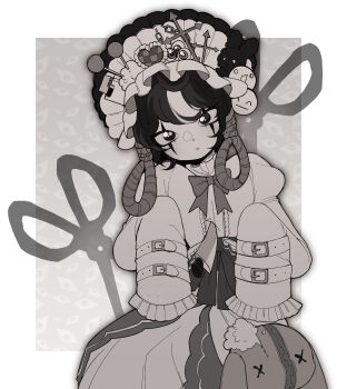 absurdres bonnet bow buckle chain clown_makeup collar commentary commission cross dreamalgia english_commentary eyeball frilled_collar frilled_sleeves frills guro_lolita highres injury juliet_sleeves knife lolita_fashion long_sleeves noose original pincushion puffy_sleeves scissors sewing_pin sleeves_past_fingers sleeves_past_wrists stab stuffed_animal stuffed_rabbit stuffed_toy