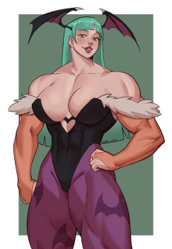 1girl bare_shoulders breasts bridal_gauntlets capcom curvy darkstalkers female_focus green_eyes green_hair hand_on_own_hip head_wings highres large_breasts lips long_hair looking_at_viewer matching_hair/eyes morrigan_aensland muscular muscular_female simple_background solo thick_thighs thighs vlada_arts wings