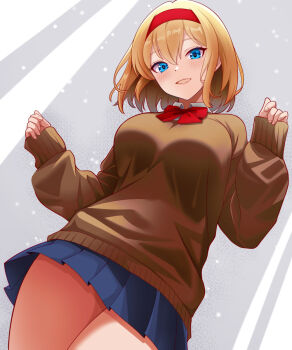1girl alice_margatroid alternate_costume aqua_eyes blonde_hair blue_skirt blush bow bowtie breasts brown_sweater commentary_request contemporary hairband highres kisaragi_koushi large_breasts long_hair long_sleeves looking_at_viewer miniskirt pleated_skirt red_bow red_bowtie red_hairband short_hair skirt smile solo sweater thighs touhou