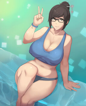 1girl bare_shoulders beads belly breasts brown_eyes brown_hair cleavage covered_erect_nipples curvy female_focus glasses hair_bun hair_ornament hair_stick higher_resolution_available highres huge_breasts looking_at_viewer mei_(overwatch) metal_owl_(aden12) navel overwatch overwatch_1 panties short_hair smile solo tank_top thick_thighs thighs underwear v wide_hips