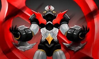 Rule 34 | absurdres, arm blade, armor, black armor, commentary, cowboy shot, hands up, highres, looking at viewer, mazinger (series), mazinger zero (mecha), mecha, mecha focus, ringed eyes, robot, shin mazinger zero, solo, super robot, user haay5824, weapon, yellow eyes