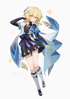 1girl ayiiiyiii black_gloves black_shirt black_shorts black_sleeves blonde_hair breasts bridal_gauntlets cape closed_mouth cosplay fingerless_gloves flower genshin_impact gloves hair_between_eyes hair_flower hair_ornament highres japanese_clothes long_hair lumine_(genshin_impact) mandarin_collar scaramouche_(genshin_impact) shirt shorts small_breasts solo vision_(genshin_impact) wanderer_(genshin_impact) wanderer_(genshin_impact)_(cosplay) yellow_eyes