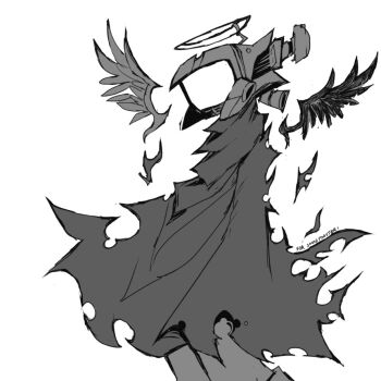 Rule 34 | 1boy, android, canti, cloak, cowboy shot, detached wings, flcl, genc, monochrome, robot, simple background, television, torn cloak, torn clothes, white background, wings