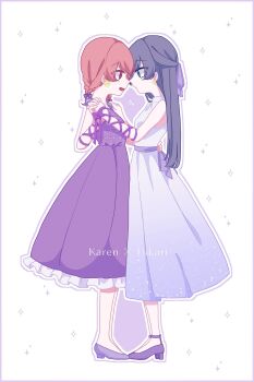 Rule 34 | 2girls, :d, :|, aijou karen, alternate hair color, alternate hair length, alternate hairstyle, ankle strap, arm wrap, block heels, blue dress, border, bow, braid, brown hair, closed mouth, commentary request, crown earrings, dress, earrings, eye contact, face-to-face, frilled dress, frills, from side, full body, gradient clothes, gradient dress, grey hair, hair bow, hair ribbon, half updo, hand on another's back, hand on another's shoulder, hand up, hands up, highres, hirake goma, holding hands, jewelry, kagura hikari, long hair, looking at another, low block heels, low twin braids, medium dress, medium hair, multiple girls, open mouth, outline, parted bangs, print dress, profile, purple background, purple border, purple bow, purple dress, purple ribbon, purple sash, purple shoes, ribbon, sash, ship name, shoes, shoujo kageki revue starlight, sleeveless, sleeveless dress, smile, sparkle background, sparkle earrings, standing, twin braids, two-tone background, white background, white dress, white outline, wrist bow, yuri