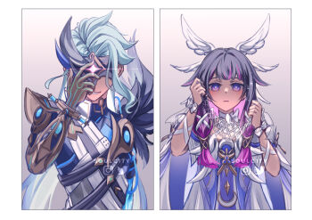 1boy 1girl black_feathers black_hair black_shirt blue_dress blue_hair colored_inner_hair columbina_(genshin_impact) commentary dottore_(genshin_impact) dottore_(heretic_of_the_false_moon)_(genshin_impact) dress english_commentary feathered_wings feathers genshin_impact head_wings long_hair mask multicolored_dress multicolored_hair multicolored_shirt parted_lips purple_eyes purple_hair shirt soulc1ty upper_body white_dress white_wings wings yellow_hands